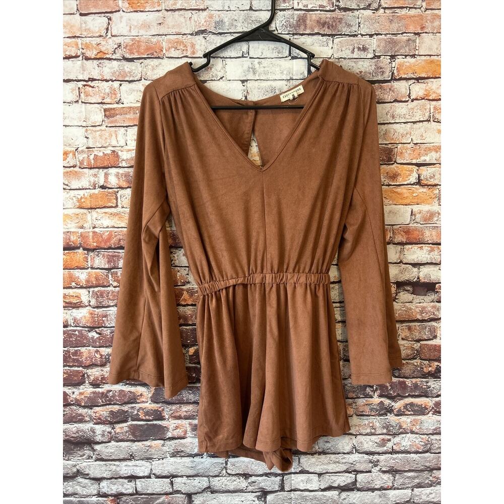 brown Earthbound bell sleeve romper faux suede long sleeve womens size small